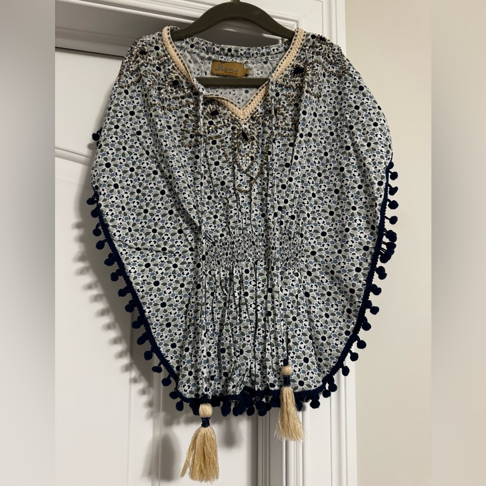 Skemo girls size S small Blue Cream Floral Tunic Top with tassels pom pom fringe